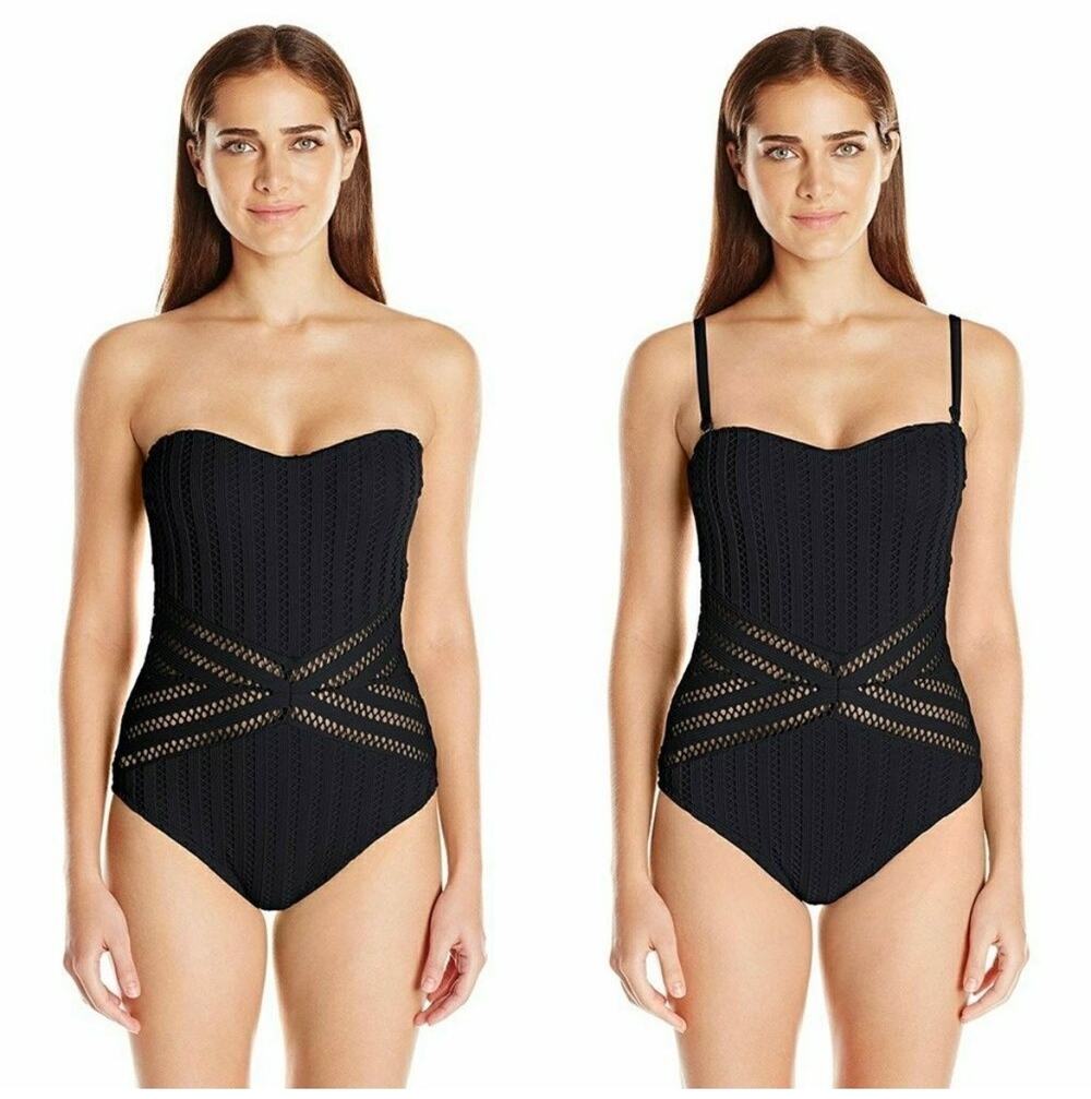 Kenneth Cole Tough Luxe Crochet Bandeau Black One-Piece Swimsuit Size Medium